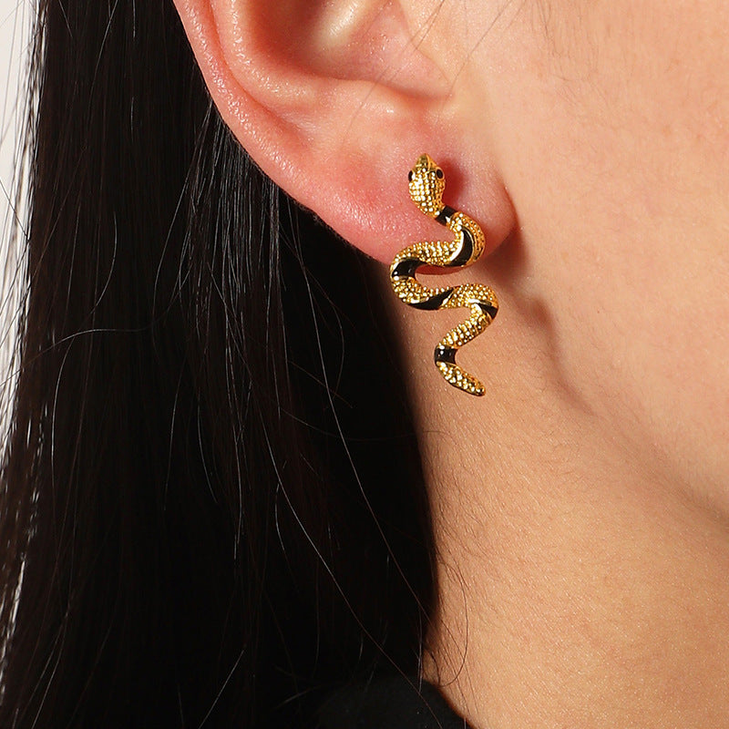 Curved Snake Alloy Earrings and Vintage Snake Ring Set for Men