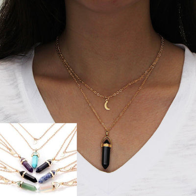 Fashion Double Layer Crescent Moon Bullet Pendant Necklace with Glass Hexagonal Column