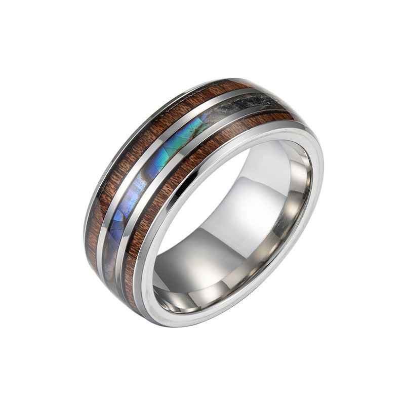 Fashion Polished Dome Triple Inlay Abalone Opal Titanium Steel Ring