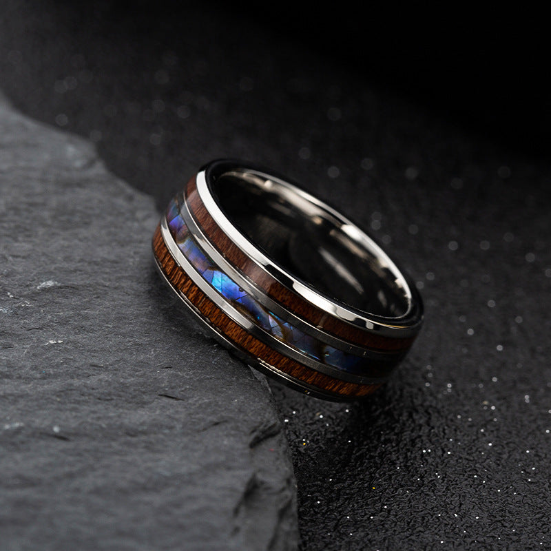 Fashion Polished Dome Triple Inlay Abalone Opal Titanium Steel Ring