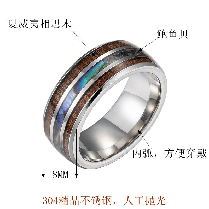Fashion Polished Dome Triple Inlay Abalone Opal Titanium Steel Ring