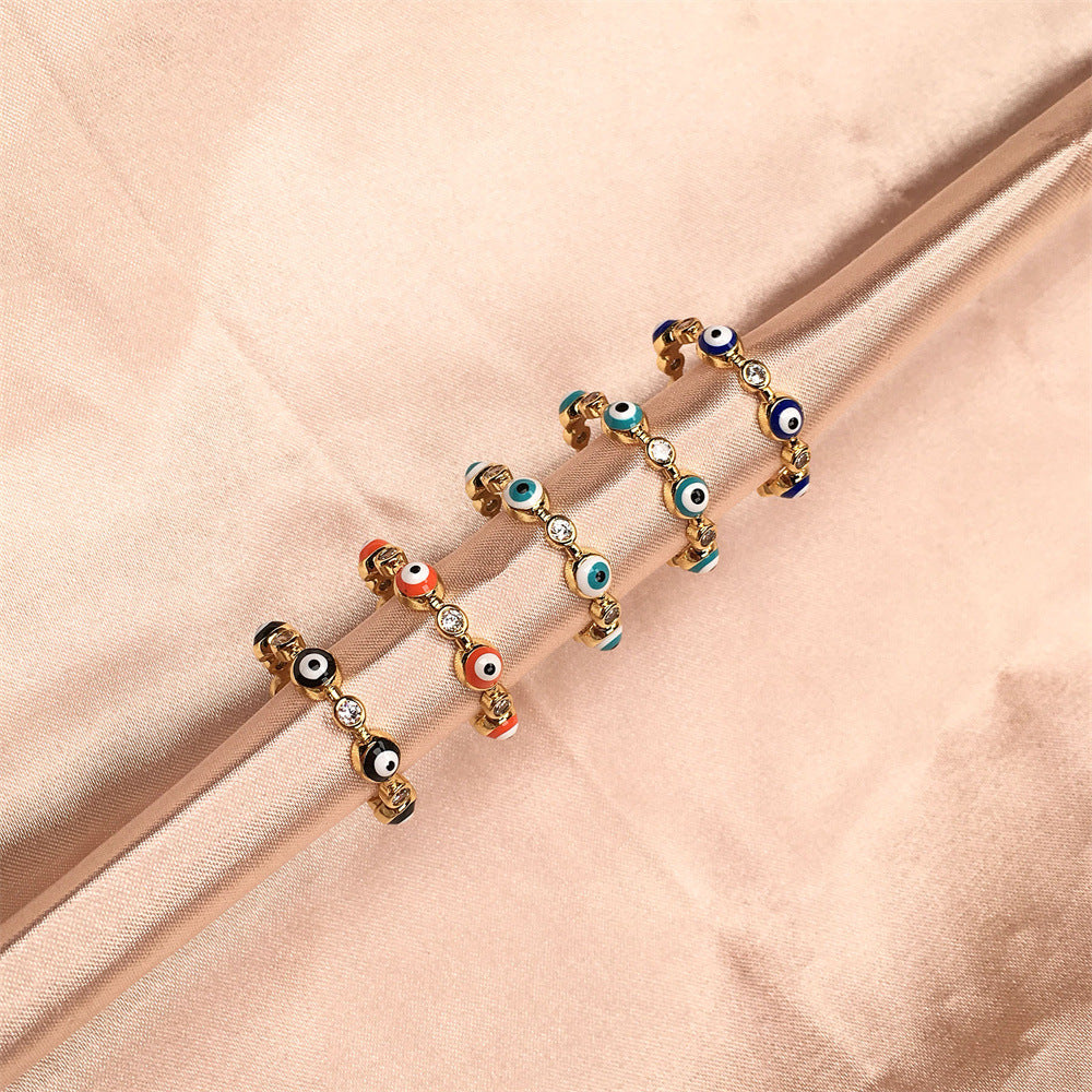 Fashion Zircon Evil Eye Colorful Enamel Open Ring