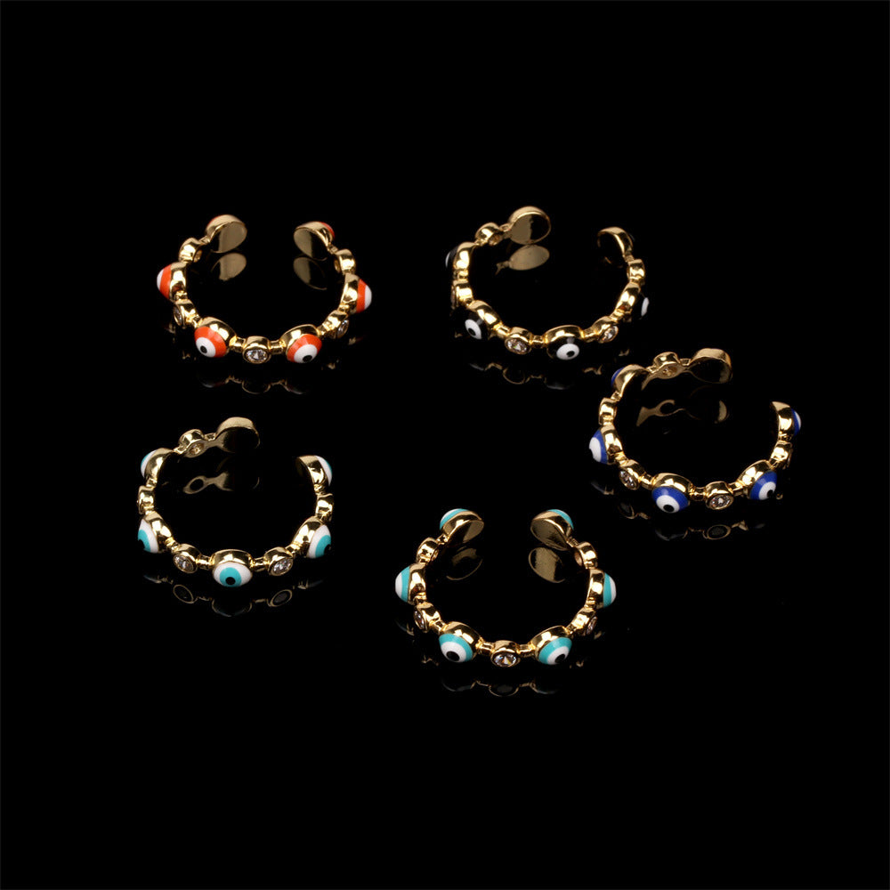 Fashion Zircon Evil Eye Colorful Enamel Open Ring