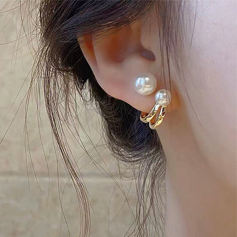 Creative Retro Pearl Heart Drop Earrings - Double Layer Alloy Design