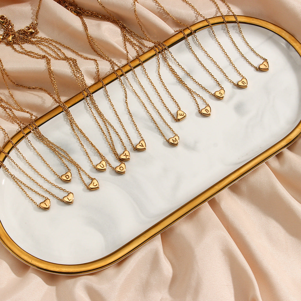 18K Gold Plated Heart Letter Zircon Pendant Stainless Steel Necklace