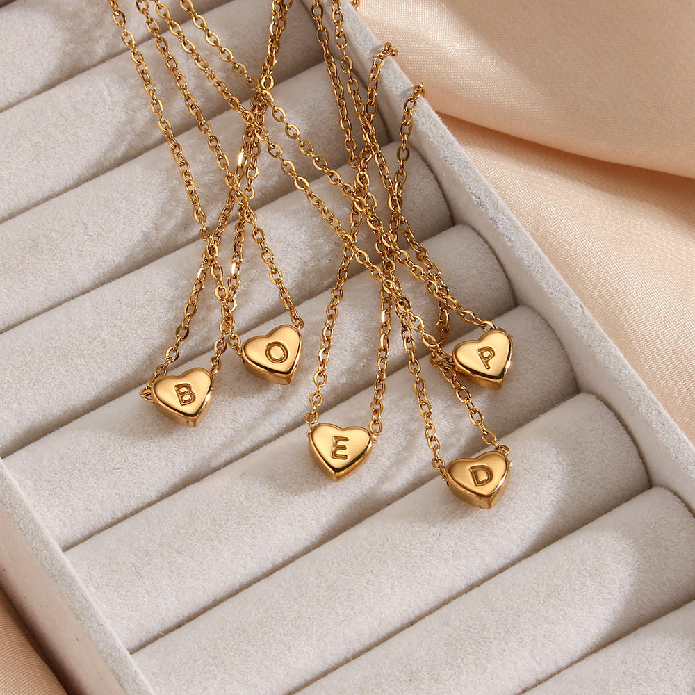 18K Gold Plated Heart Letter Zircon Pendant Stainless Steel Necklace