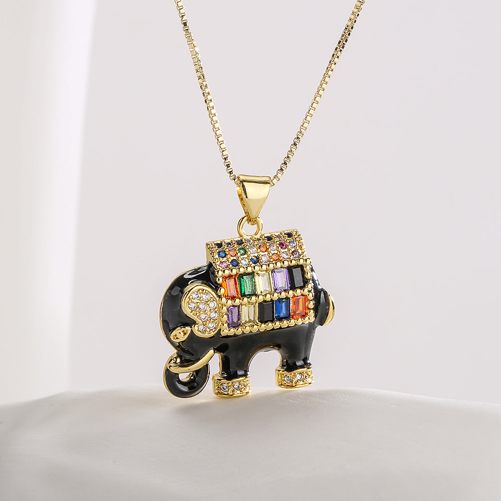 Fashion Elephant Gold Plated Multicolor Zircon Pendant Necklace