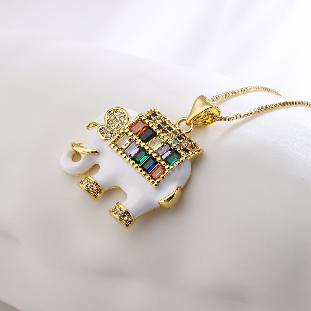 Fashion Elephant Gold Plated Multicolor Zircon Pendant Necklace