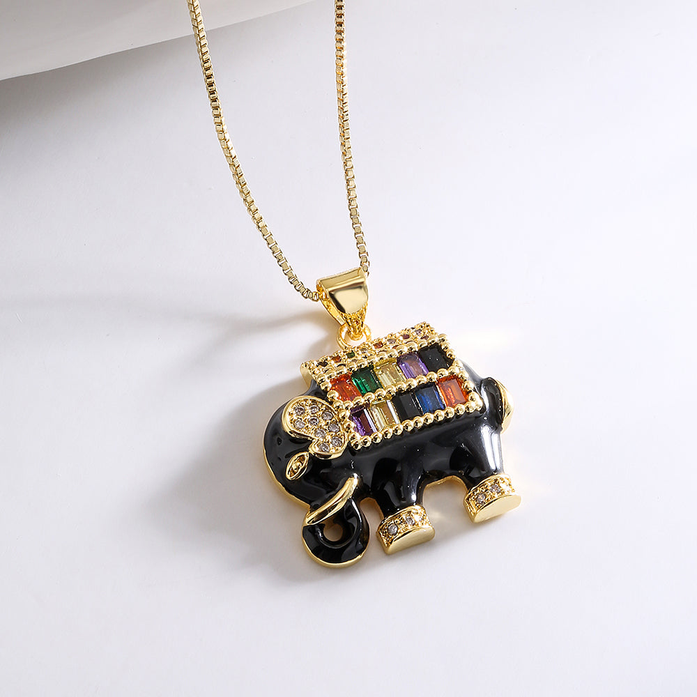 Fashion Elephant Gold Plated Multicolor Zircon Pendant Necklace