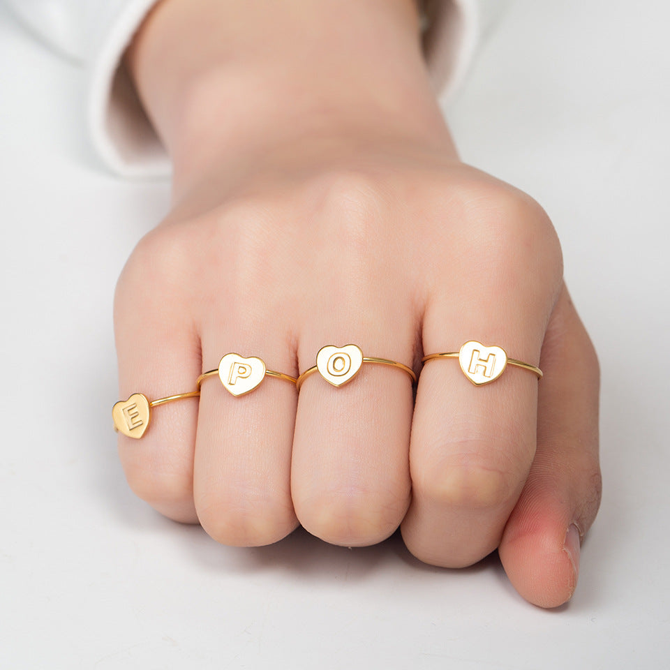 Fashion Alphabet 26 Letters Gold Stainless Steel Ring