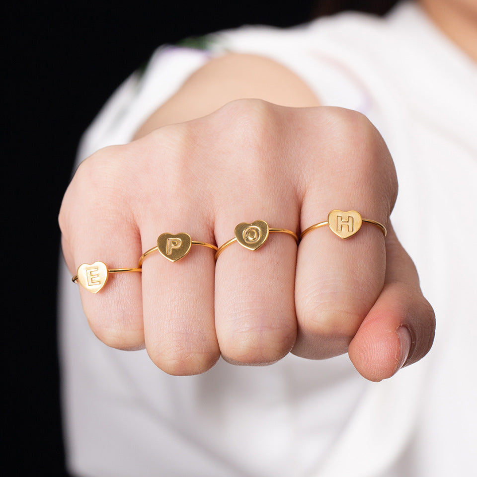 Fashion Alphabet 26 Letters Gold Stainless Steel Ring