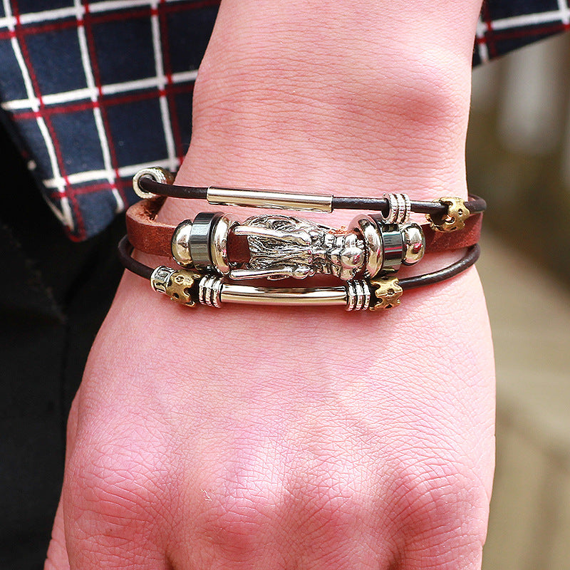 Fashion Ethnic Multi-layer Leather Rope and Stainless Steel Dragon Head Bracelet