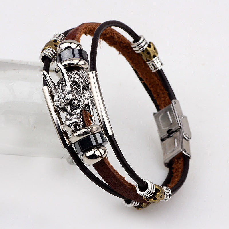 Fashion Ethnic Multi-layer Leather Rope and Stainless Steel Dragon Head Bracelet