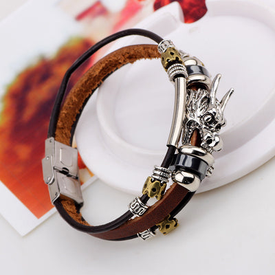Fashion Ethnic Multi-layer Leather Rope and Stainless Steel Dragon Head Bracelet