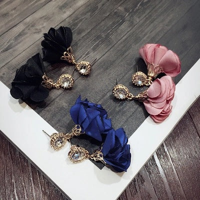 Fashion Fabric Flower Crystal Drop Earrings Wholesale