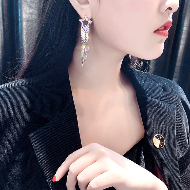 Fashion Star Tassel Zircon Drop Earrings with Butterfly Bow and Artificial Pearls