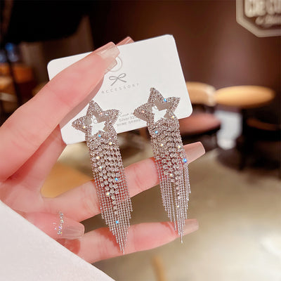 Fashion Star Tassel Zircon Drop Earrings with Butterfly Bow and Artificial Pearls