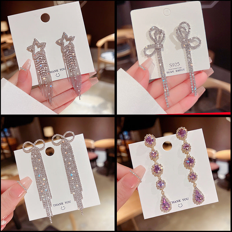 Fashion Star Tassel Zircon Drop Earrings with Butterfly Bow and Artificial Pearls