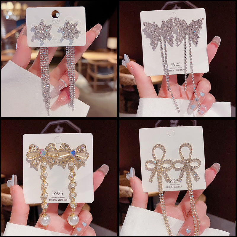 Fashion Star Tassel Zircon Drop Earrings with Butterfly Bow and Artificial Pearls