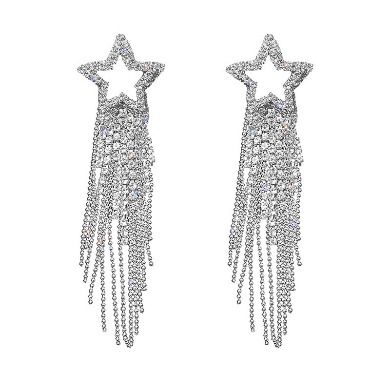 Fashion Star Tassel Zircon Drop Earrings with Butterfly Bow and Artificial Pearls
