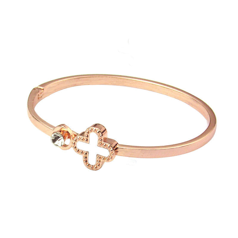 Four Leaf Clover Rose Gold Zircon Bangle Bracelet