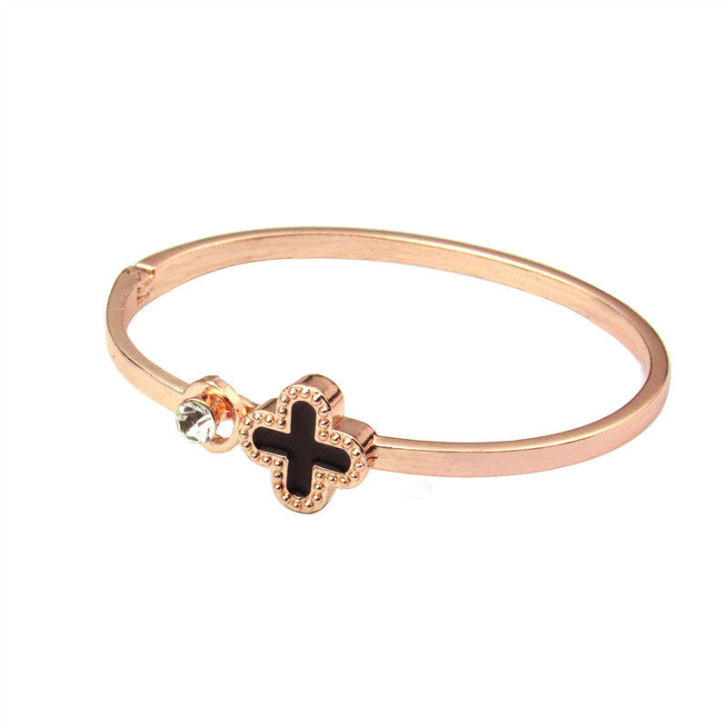 Four Leaf Clover Rose Gold Zircon Bangle Bracelet