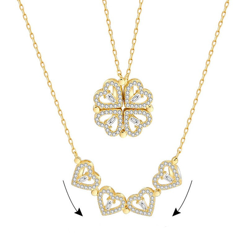 Four Leaf Clover Heart Zircon Inlay Stainless Steel Necklace with Magnetic Pendant
