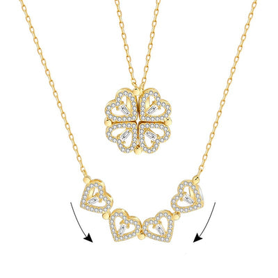 Four Leaf Clover Heart Zircon Inlay Stainless Steel Necklace with Magnetic Pendant