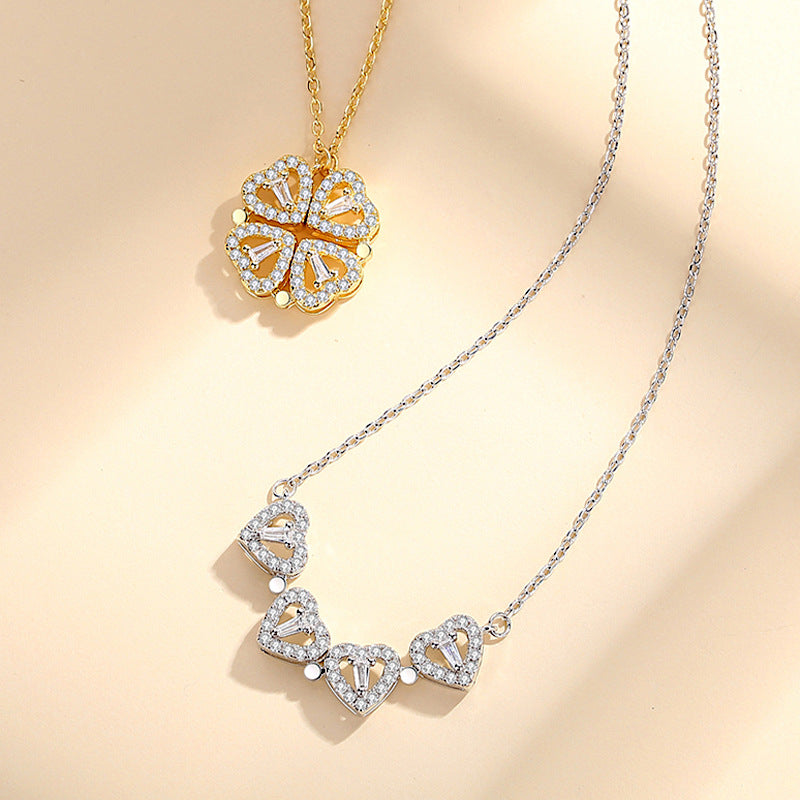 Four Leaf Clover Heart Zircon Inlay Stainless Steel Necklace with Magnetic Pendant