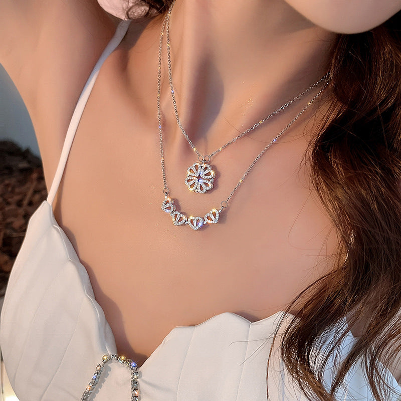 Four Leaf Clover Heart Zircon Inlay Stainless Steel Necklace with Magnetic Pendant