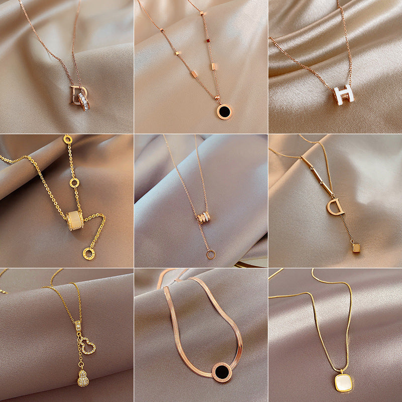 Fashion Titanium Steel Clover & Gourd Pendant Necklace with Shell Inlay and Tassel Design