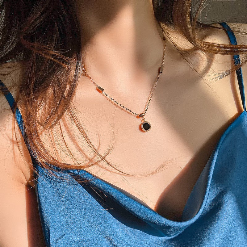 Fashion Titanium Steel Clover & Gourd Pendant Necklace with Shell Inlay and Tassel Design