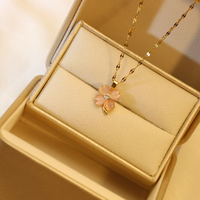 Fashion Titanium Steel Clover and Zircon Heart Pendant Necklace Set