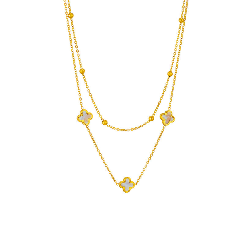 Fashion Star and Clover Layered Stainless Steel Necklace with Shell Inlay