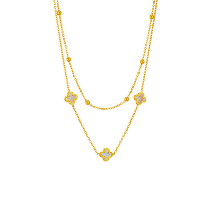 Fashion Star and Clover Layered Stainless Steel Necklace with Shell Inlay