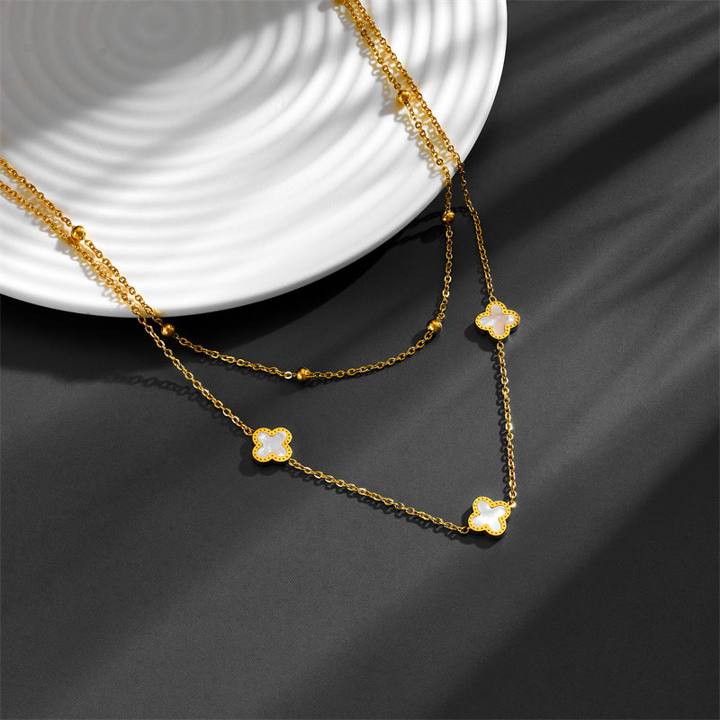 Fashion Star and Clover Layered Stainless Steel Necklace with Shell Inlay