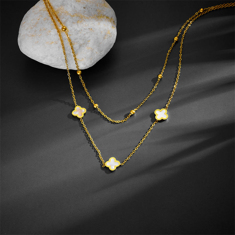 Fashion Star and Clover Layered Stainless Steel Necklace with Shell Inlay