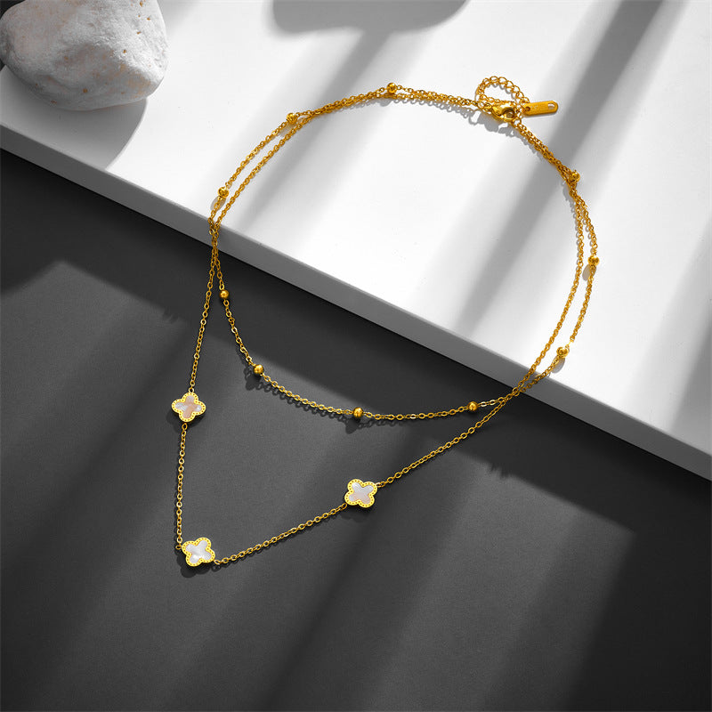 Fashion Star and Clover Layered Stainless Steel Necklace with Shell Inlay