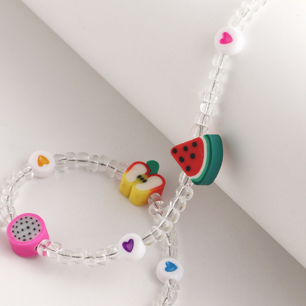 Fashion Fruit Miyuki Beads Acrylic Pearl Necklace and Handmade Clay Smiley Bracelet Set for Women and Children