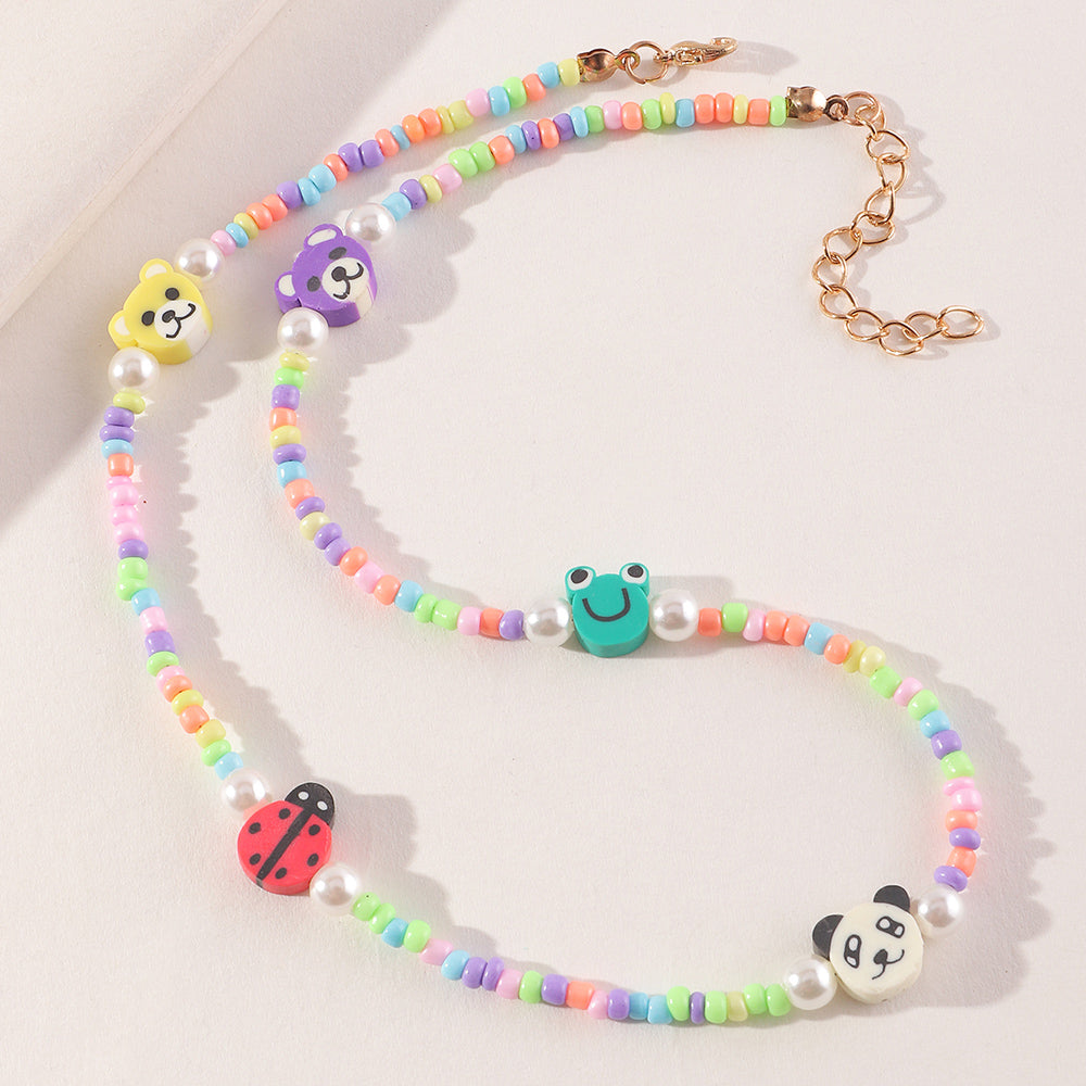 Fashion Fruit Miyuki Beads Acrylic Pearl Necklace and Handmade Clay Smiley Bracelet Set for Women and Children