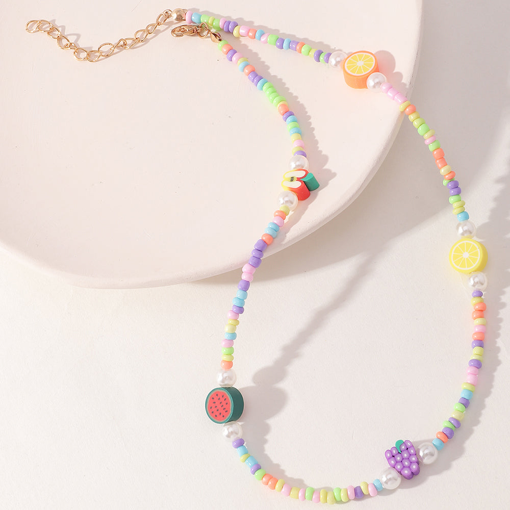 Fashion Fruit Miyuki Beads Acrylic Pearl Necklace and Handmade Clay Smiley Bracelet Set for Women and Children