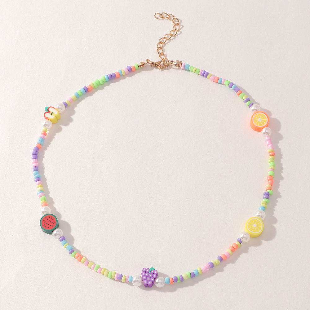Fashion Fruit Miyuki Beads Acrylic Pearl Necklace and Handmade Clay Smiley Bracelet Set for Women and Children