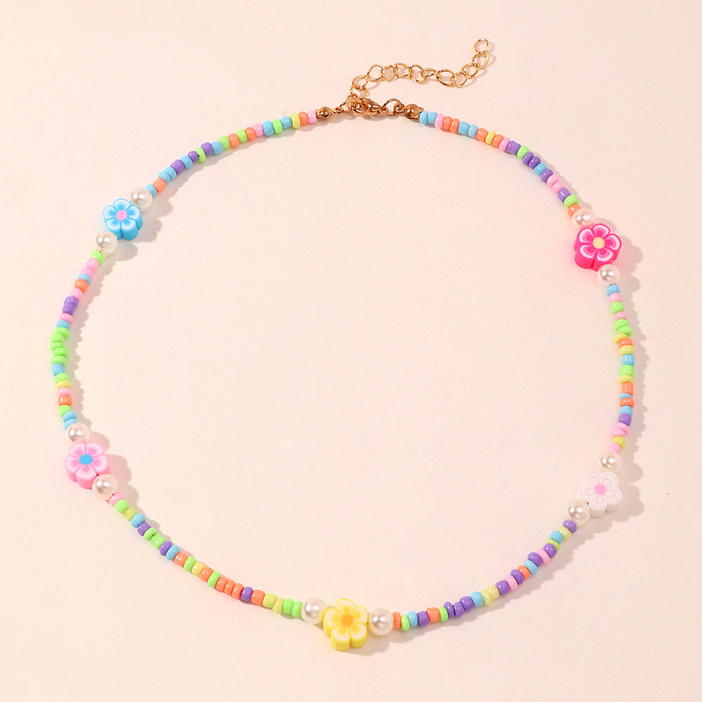 Fashion Fruit Miyuki Beads Acrylic Pearl Necklace and Handmade Clay Smiley Bracelet Set for Women and Children