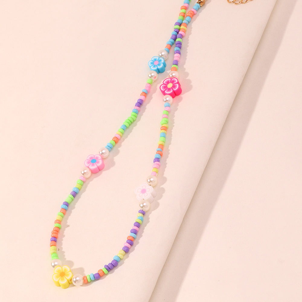 Fashion Fruit Miyuki Beads Acrylic Pearl Necklace and Handmade Clay Smiley Bracelet Set for Women and Children