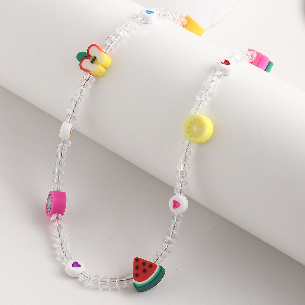 Fashion Fruit Miyuki Beads Acrylic Pearl Necklace and Handmade Clay Smiley Bracelet Set for Women and Children