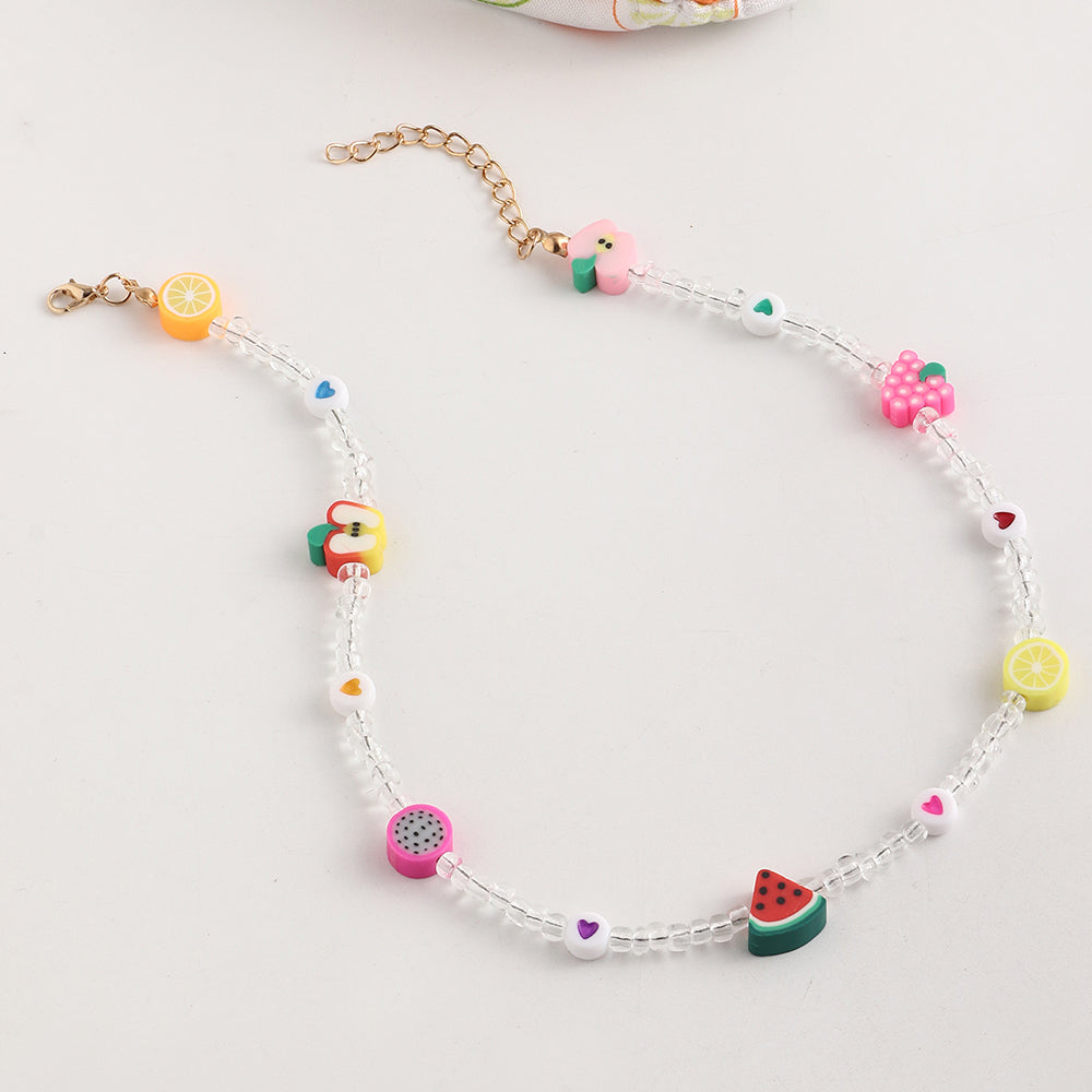 Fashion Fruit Miyuki Beads Acrylic Pearl Necklace and Handmade Clay Smiley Bracelet Set for Women and Children