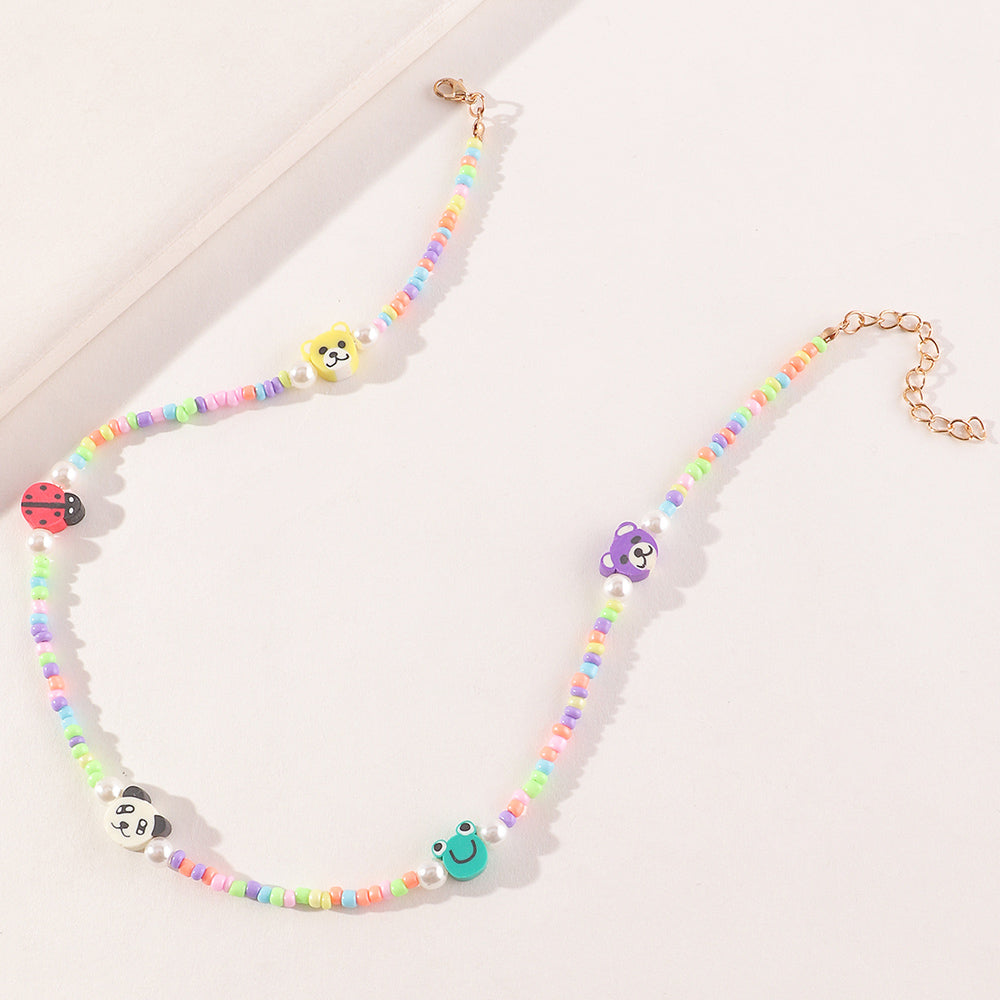 Fashion Fruit Miyuki Beads Acrylic Pearl Necklace and Handmade Clay Smiley Bracelet Set for Women and Children