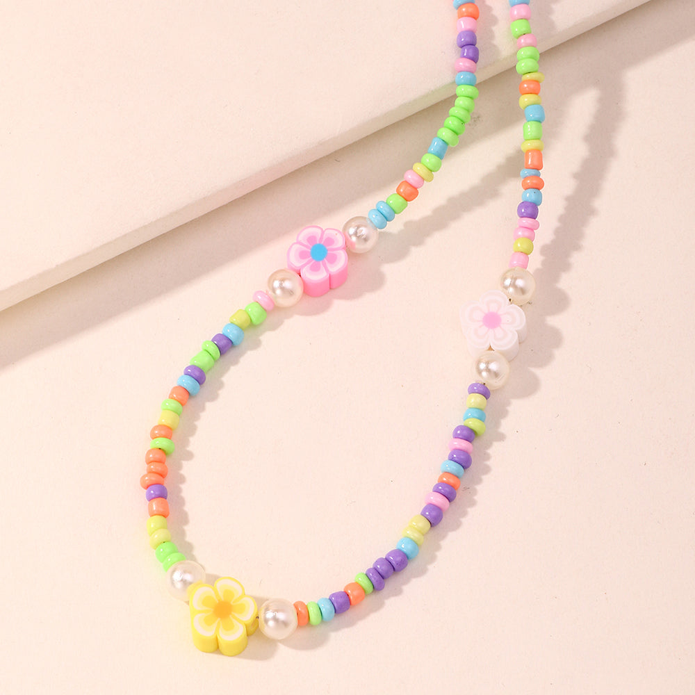 Fashion Fruit Miyuki Beads Acrylic Pearl Necklace and Handmade Clay Smiley Bracelet Set for Women and Children