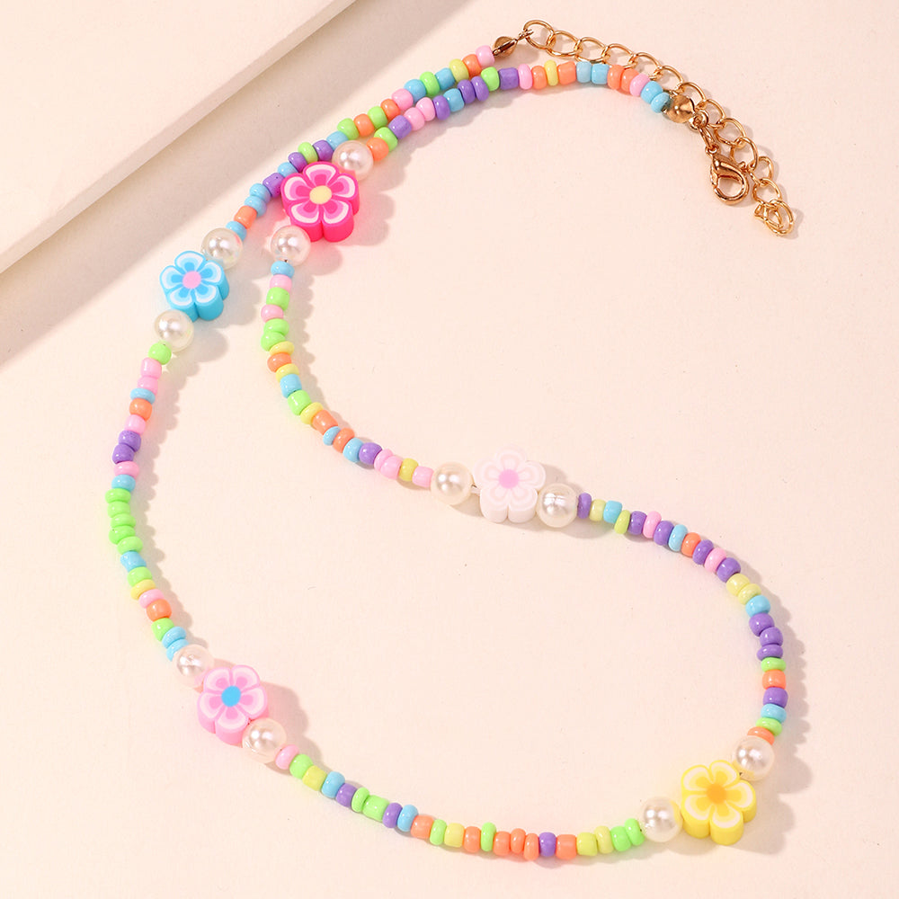 Fashion Fruit Miyuki Beads Acrylic Pearl Necklace and Handmade Clay Smiley Bracelet Set for Women and Children