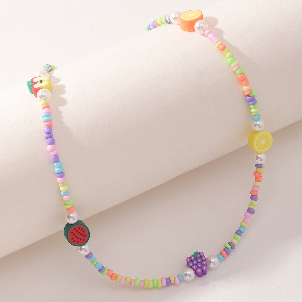 Fashion Fruit Miyuki Beads Acrylic Pearl Necklace and Handmade Clay Smiley Bracelet Set for Women and Children